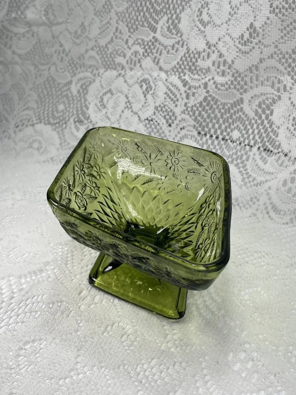 Vintage Green Indiana Glass Daisy Floral Candy Dish, Diamond Shaped Dish